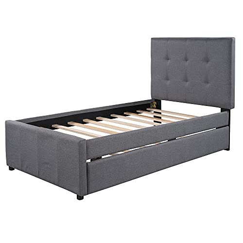 Citylight Upholstered Twin Bed Frames With Trundle,Linen Twin Size Platform Bed With Headboard,Wood Twin Trundle Bed For Kids Girls Boys,No Box Spring Needed (Twin,Grey+Trundle) #TOP6