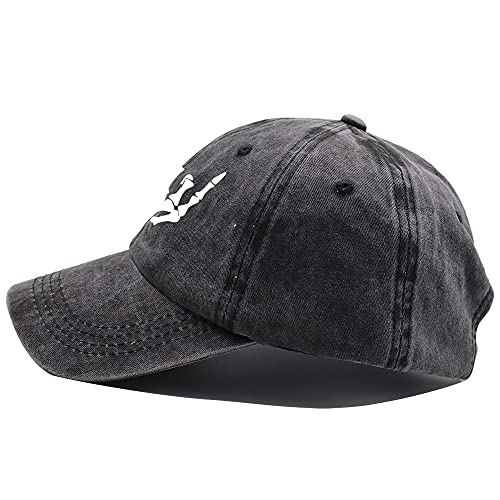 Image of Skeleton Hand Hat, Skull Finger Baseball Cap Adjustable Washed Distressed Denim for Men Women