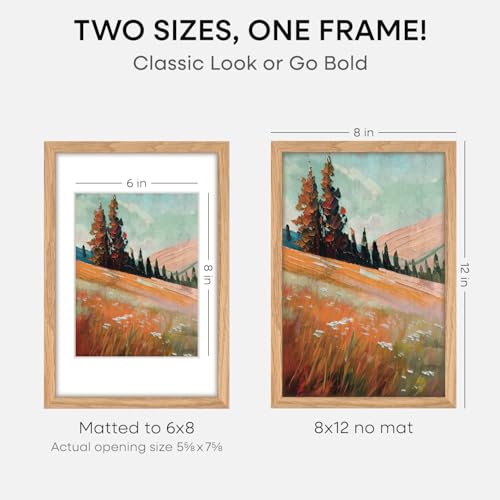 Image of Homeforia 8x12 Natural Oak Picture Frame, High-End Wood, 6x8 Mat, Glass | High End Solid Oak Wood, Tempered Glass, Acid-Free 6x8 Removable Mat, 8x12 Edge-to-Edge Display 12x8, Wall Kit, Set Of 1