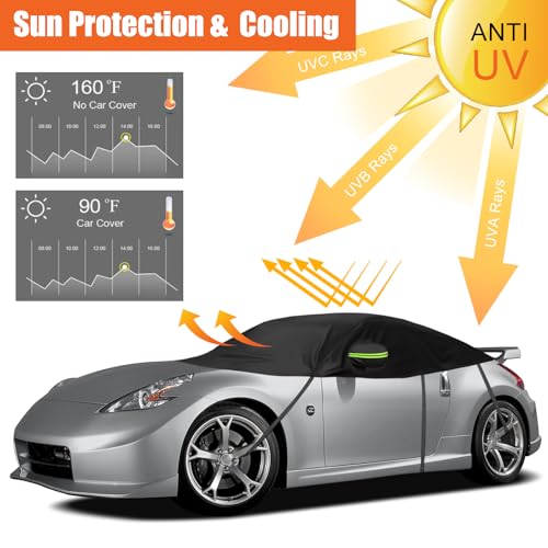 Image of Half Car Cover Compatible with Nissan Z 350Z 370Z 2003-2025, All Weather Protection with Side Mirror Cover, Waterproof Top Roof Protector for Snow Ice Hail Rain Sun Protection