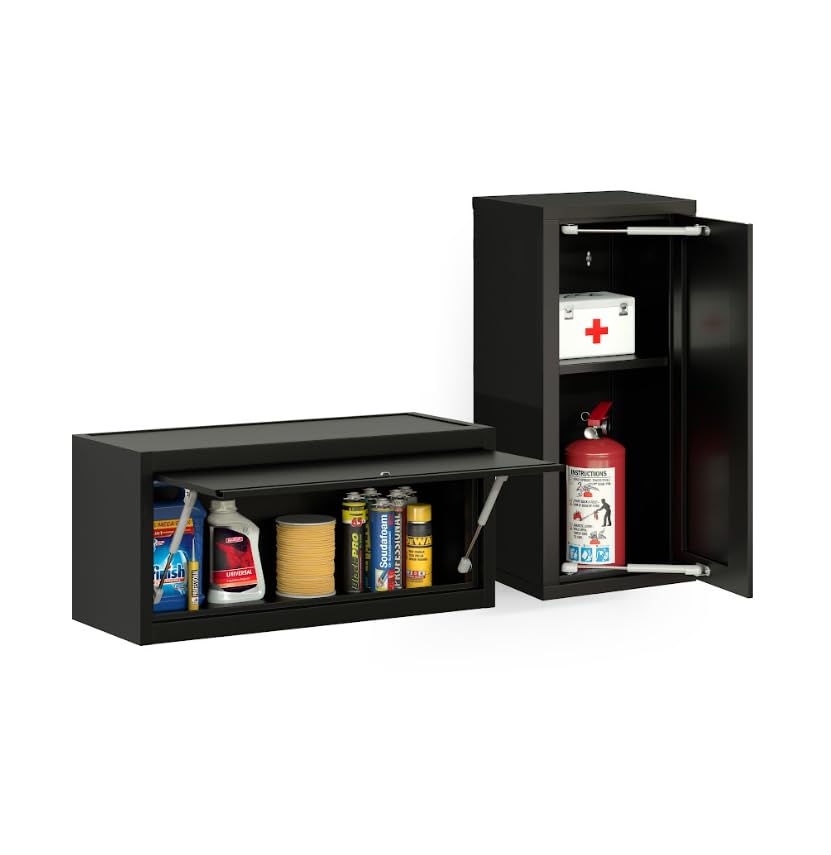 Heavy Duty Metal Wall Cabinet, Wall Mounted Garage Storage Cabinet, Lockable Steel Floating Cabinet with Adjustable Shelf, Black Wall Mount Storage Organizer, Vertical or Horizontal Mounting