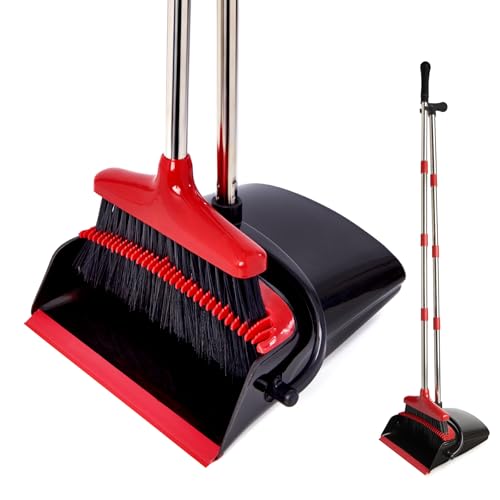 Image of Broom and Dustpan Set,54.72 inchLong Handle,Standing Dustpan,Black&Red | Light Weight Stainless Steel Poles,Upright Dustpan with Broom Combo,for Home Kitchen Office Pet Dog Hair