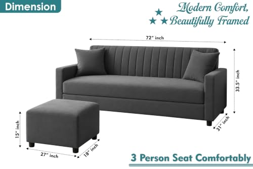 Image of 3 Seater Wooden Sofa Set with Ottoman for Living Room | Premium Velvet Fabric Wooden Frame | Modern Design | Comfortable Cushioned Sofafor Home, Office & Lounge | Grey