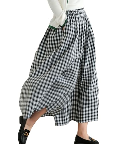 SOMTHRON Women's Summer Cotton Linen Wide Leg Culottes Pants Elastic Waist Plaid Gingham Capri Palazzo Pants