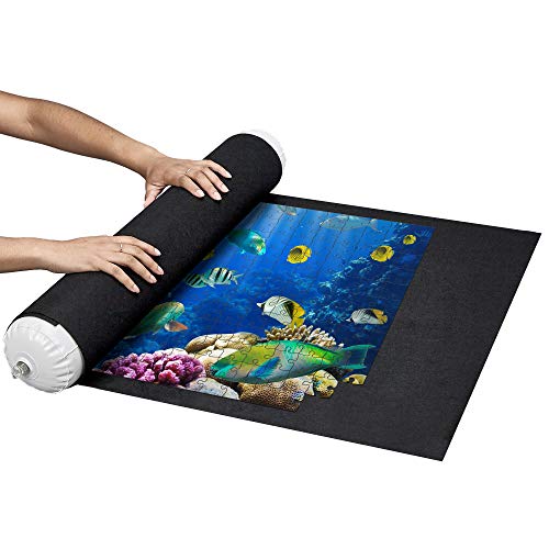 X Large Puzzle Roll Up Mat + Bonus Straps - Store And Transport Jigsaw Puzzles Up To 1500 Pieces - 46" X 26" Felt Mat, Inflatable Tube, And 3 Elastic Fasteners New Improved Design (Original) #TOP5
