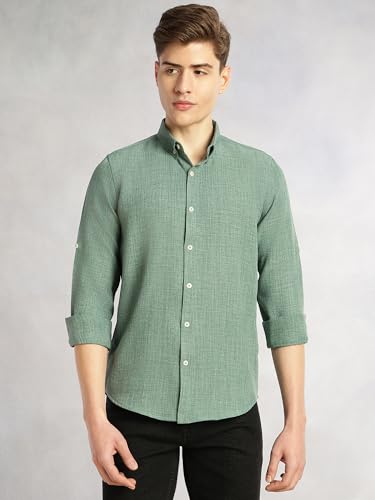 Image of Thomas Scott Men's | Solid | Textured Fabric | Full Sleeve | Slim Fit | Polyester-Blend | Spread Collar | Casual Shirt