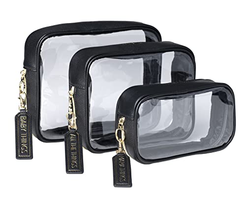 Image of Lucky Love Diaper Bag Organizing Pouches | Set of 3 Including Diaper Clutch | Dry Wet Bag (Black Clear Trio Pouches w/Removable Tags)