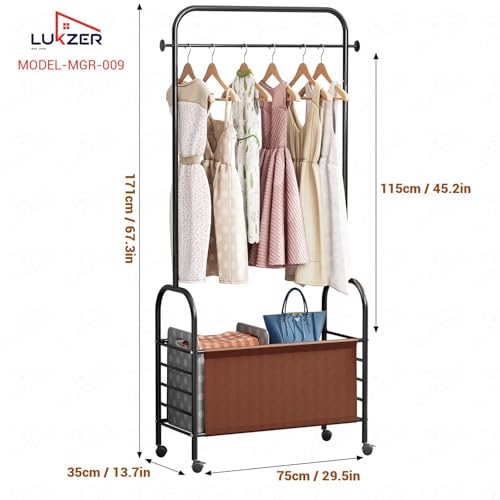 Image of Lukzer| MGR-009 | Black | Metal Clothes Rail Stand with 360 Rotating Wheels, 4 Side Hooks & Leather Storage Bin - Space-Saving Garment Organizer for Bedroom, Closet, Laundry & Dorm (171 x 75 x 35 cm)
