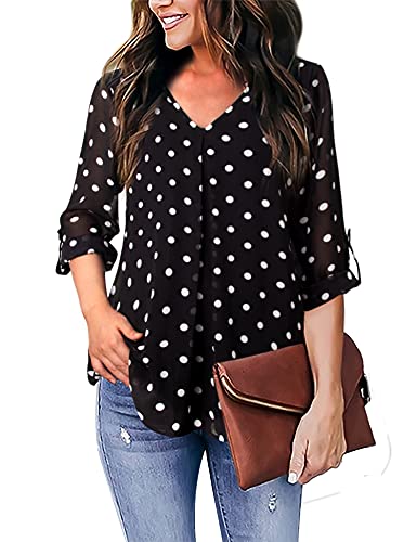 Bebonnie Work Tops For Women, Long Shirts For Women Office Roll-Up 3/4 Sleeve Top Casual V Neck Layered Chiffon Flowy Dressy Blouses Tunic Top Polka Dot L #TOP1
