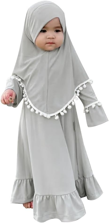 Baby Girls Two-Piece Abaya Dubai Turkey Prayer Maxi Dress + Full Cover Hijab Muslim Long Sleeve Robe Islamic Clothing