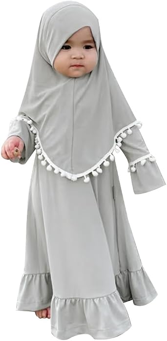 AWIBMK Baby Girls قطعتين Abaya Dubai تركيا صلاة ماكسي فستان + غطاء كامل الحجاب مسلم طويل الأكمام روب ملابس إسلامية