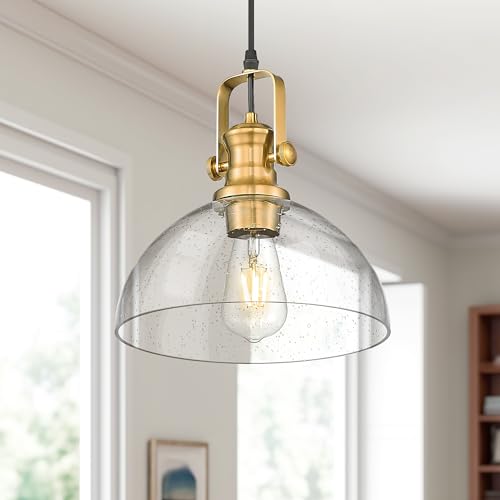 Image of 10.5 inch Gold Pendant Lights Kitchen Island, Seeded Glass Shade | Farmhouse Vintage Hanging Light for Dining Room, Clear Seeded Glass Shade, Adjustable Height, E26 Base, AD-22151-1PL-GD