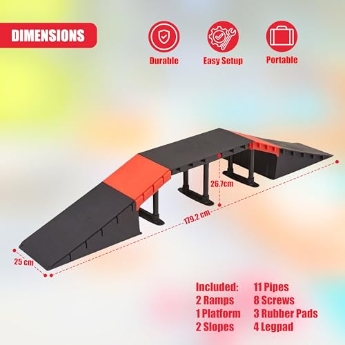 The Magic Toy Shop Skate Ramp Set - 6 Assembly Variations, Red & Black, Anti Slip, Modular & T-Lock System, Easy Setup - Outdoor Adventure for Kids with Bikes, Scooters, Skateboards, RC Cars