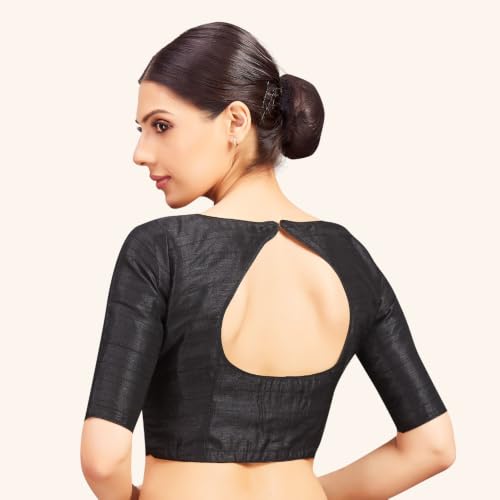 Image of Studio Shringaar Women Readymade Raw Silk V Neck Saree Half Sleeve Blouse