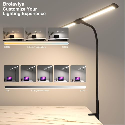 Image of BROLAVIYA Overhead LED 2 Head Dimmable, Aluminum Frame Desk Lamp Light with Multi-Angle Rotation,3 Lighting Modes for Home, Office, Desktop,Bedroom, Reading,etc