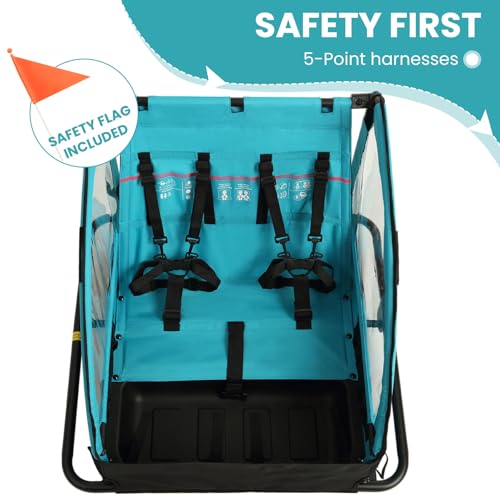 Image of Kids Bike Trailer, Suitable for 1 to 2 Children, Double Seat, Universal Coupler, Foldable, Canopy with Bug Screen and Weather Shield, with 5-Point Harness and Storage Bags