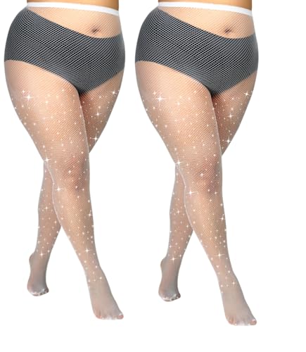 Image of Plus Size Fishnet Tights Sparkle Stockings Glitter Pantyhose High Waist Fine Mesh Stockings Value Pack of 2