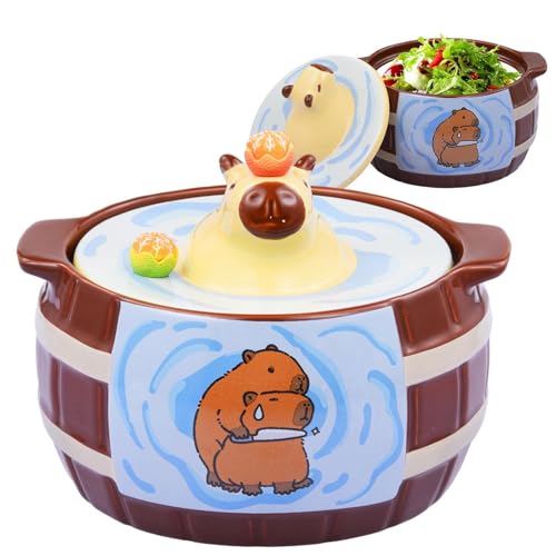Cuenco Ramen, cuenco de pasta de dibujos animados Capybara, cuenco de pasta de cerámica con tapa y asa, tazón de cereal de gran capacidad, para niños y niñas