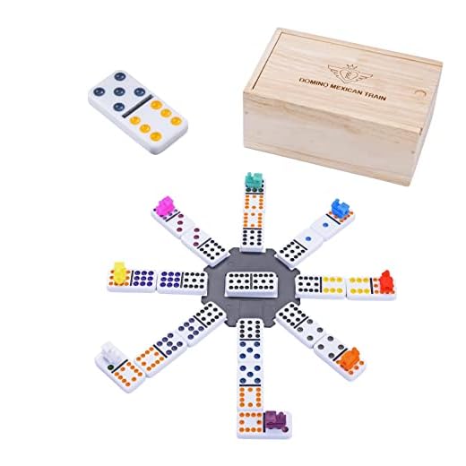 Engelhart - 250170 - Toppkvalitets dominospel Mexicain-tåg -Dubbel 12-version - 2-8 spelare - 91 färgade - 8 mm tjocka domino - Lätt att spela Domino-spel - 8 trenes de colores incluidos - I trälåda