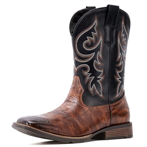 IUV Cowboy Boots Men Square Toe Western Boots Durable Classic Embroidered boot Pull On Slip Resistant Boot