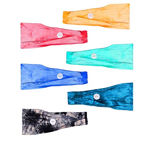 Thunaraz 6Pcs Headband with Buttons Ear Protection Non Slip Elastic Headbands for Women Moisture Wicking Sweatband Sports Head Wrap for Yoga