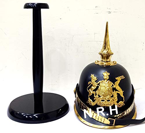 German Pickelhaube Helmet | Halloween Leather Pickelhaube Imperial Prussian Helmet | Brass Military Officer Spiked W/Wooden Stand Black Finish
