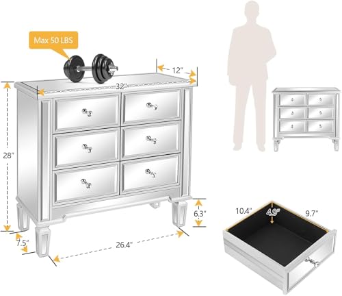 Image of VINGLI Mirrored Dresser for Bedroom with 6 Storage Drawer Modern Chest of Drawers, Silver, 32 inchL x 12 inchW x 28 inchH