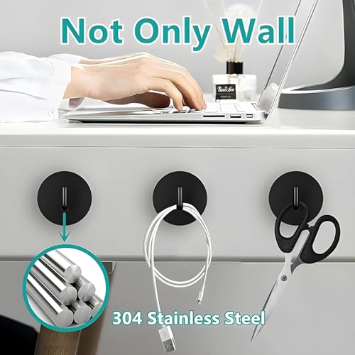 Image of JD FRESH 4 Pcs Self-Adhesive Stainless-Steel Wall Hooks for Hanging /Heavy Duty Waterproof Wall Hangers /Without Drill Sticky Hooks for Kitchen, Bathroom, Door and Office (J-Hook, Black-Round)