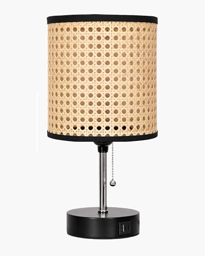 Image of Homesake Bedside Lamp for Bedroom Nightstand Table Light with USB A | C Charging Port, Desk Lamp, Pull Chain Light, Side Table Desk Reading Lamp, Living Room Gift, (Rattan Cane Cylinder)