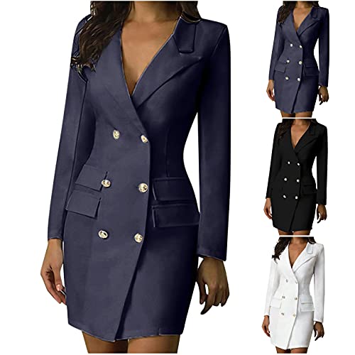 Vestidos tipo blazer para mujer, elegante, con solapa, a la moda, con doble botonadura, chaqueta de manga larga, ajustado, vestido vintage de trabajo, formal, negocios, trabajo, oficina, traje, Negro,