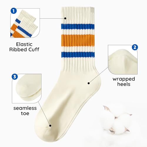 Image of Zando Novelty Striped Retro Vintage Casual Crew Socks for Women - Cotton Sporty Calf Socks