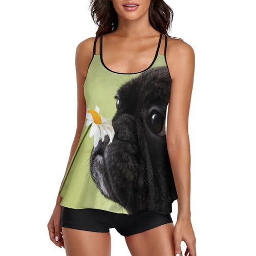 Trajes de baño para mujer tipo tankini con diseño de pug floral y shorts