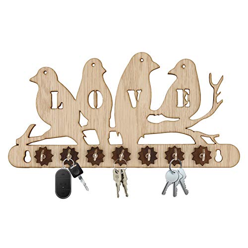 SABBY BRO Love Birds Wooden Key Holder,Standard,Wooden, Cream Brown (4-Birds-Brown) (7 Hooks)