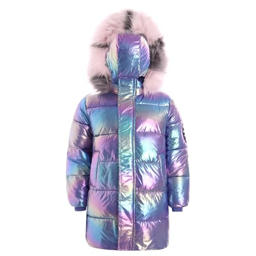 Kids Girls Shiny Medium Long Hooded Puffer Jacket Glitter Metallic Warm Lightweight Winter Coat 5-16 Y4
