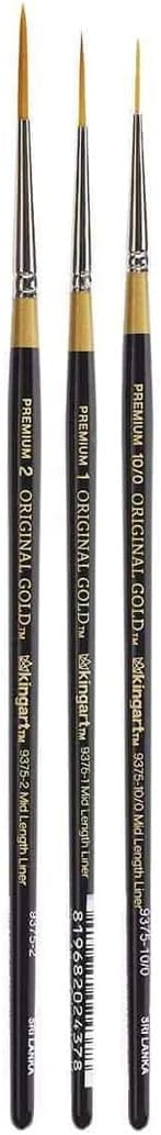 KINGART B-072 Premium 3 pc. Original Gold 9375 Series Mid-Length Liner Brush Set, Synthetic Golden Taklon for Acrylic, Oil, Watercolor Paint, Short Handle, 3 Brushes Sizes: 10/0, 1, 2