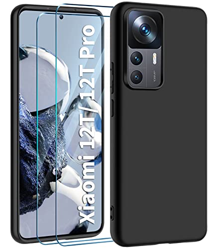 ivencase Coque Compatible avec Xiaomi 12T Pro/ Xiaomi 12T 5G avec 2 Verre trempé Protection écran, Souple Silicone Étui Antichoc Protection Housse TPU Gel Téléphone Case - Noir Cover