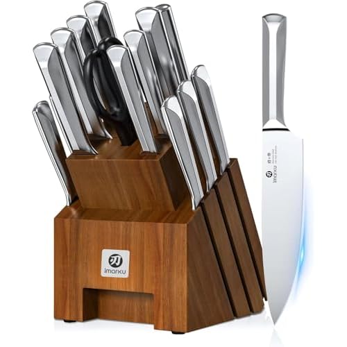 imarku Knife Set, 16PCS High Carbon Stainless Steel Kitchen Knife Set with Block Ultra Sharp Knife Block Set, Japanese Knife Set with Dotted Non-slip Ergonomic Handle, Best Gifts Brown-Slive