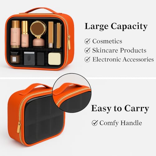 Image of Coslifestore-Cosmetic Case, Travel Makeup Case with Handle, Transparent Makeup Case, Portable Makeup Bag for Cosmetics /Skincare Products /Toiletries (Orange)