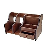 Coideal Wooden Office Supplies Desk Organizer with Drawer, 6 Compartments Wood Desktop Storage Caddy Storage Holder Organizer for Mail, File (Brown & Black)
