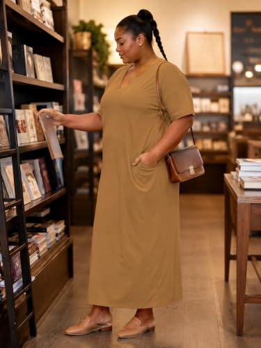 Image of SUZONANA Women Casual T-Shirt Dress V Neck Short Sleeve Solid Color Oversize Dress with Front Two Pockets