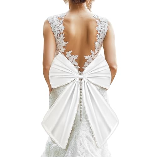 Janinka Big Satin Bow Detachable Train for Wedding Dress 16'' x 19'' Removable Large Satin Bow Train with Pearl Trim White Elegant Wedding Dress Bride Formal Outfit Bowknot Accessories