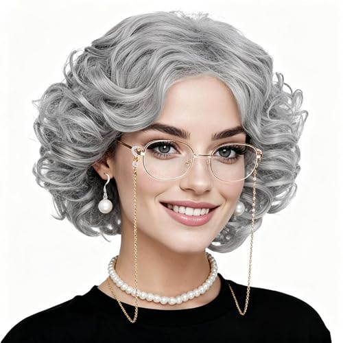 Set di costumi Old Lady da donna: 1 parrucca grigia argentata, 1 paio di occhiali da nonna, 1 collana di perle artificiali, 1 paio di orecchini di perle, 1 braccialetto di perle, 1 collana per occhiali, 1 cuffia per parrucca, 10 fermagli per capelli. Il set di accessori per costume da donna antica offre tutto il necessario per un'autentica trasformazione della nonna.