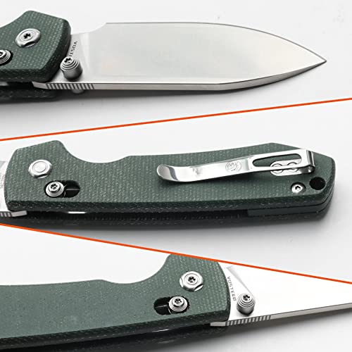 Image of Vosteed Raccoon EDC Folding Pocket Knife - 3.25 inch 14C28N Satin Blade, Crossbar Lock - Green Micarta Handle for Hiking, Hunting - A0503
