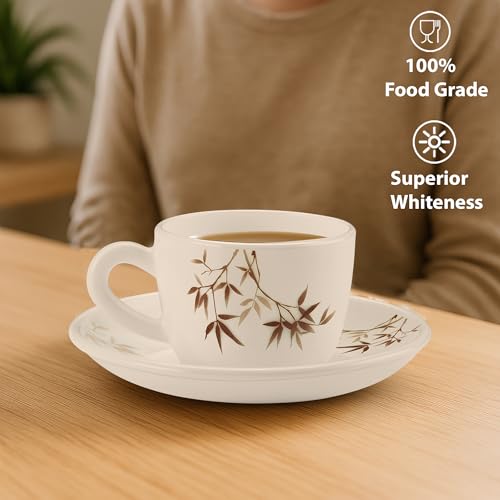 Image of Treo By Milton Opalware Ophelia 13 Arashi Cup & Saucer Set | Microwave & Dishwasher Safe | Bone-Ash Free | Tempered Toughness | Set of 12 | White | Crockery Set for Daily Use & Gifting