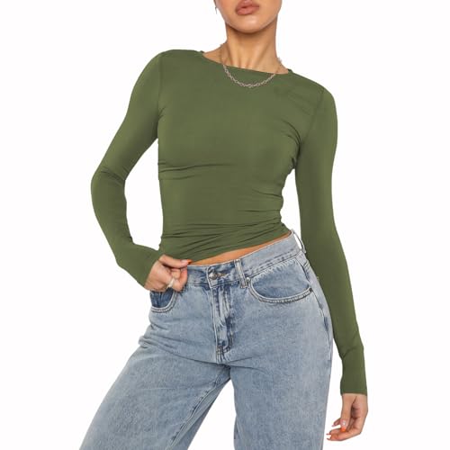 Women's Casual Crop Tops Slim Fit Top Crew Neck Long Sleeve Tight T-Shirt Basic Blouse Tee Tops(Army Green-9,M)
