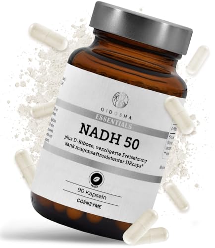 QIDOSHA® NADH 50mg plus D-Ribose, zertifizierter Wirkstoffgehalt, 90 Stk im Apothekerglas, in magensaftresistenten DRcaps® mit verzögerter Freisetzung, NADH hochdosiert
