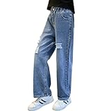 Rolanko Girls Skinny Ripped Jeans Mid-Rise Elastic Wide Leg Baggy Denim Pants for 4-14 Years (Blue Hole, 12-14)
