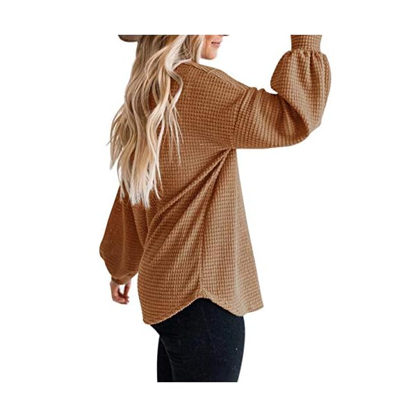 MEROKEETY-Womens-Long-Balloon-Sleeve-Waffle-Knit-Tops-Crew-Neck-Oversized-Sweater-Pullover MEROKEETY Women's 2023 Fall Long Balloon Sleeve Waffle Knit Tops Crew Neck Oversized Sweater Pullover, Brown, S