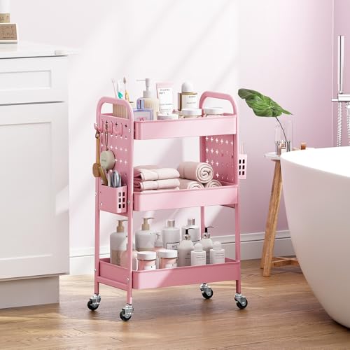 Image of KINGRACK 3 Tier Rolling Cart with DIY Pegboard, Metal Utility Cart with Wheels, Hooks & Baskets, Sturdy Storage Organizer for Craft, Bathroom, Kitchen, Office, Nursery, Classroom(Pink)