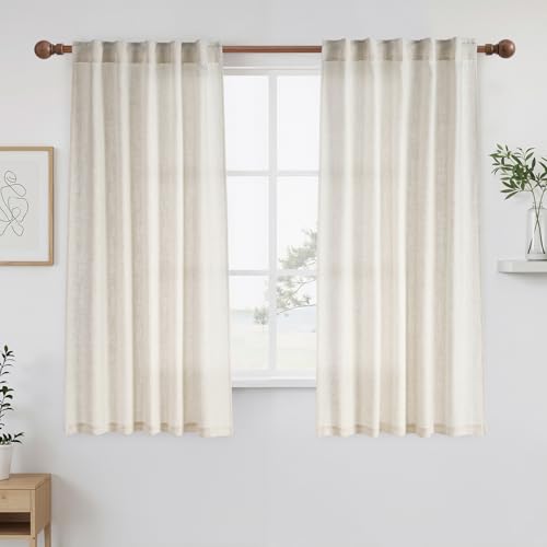 NICETOWN Linen Kitchen Curtains 45 Inch Length, Light Filtering Privacy Small Cafe Curtains 42" W, Linen Textured Elegant Short Window Treatments for Country Farmhouse Bedroom